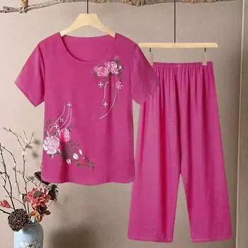 2 шт./компл., женская футболка, брюки, комплект домашней одежды, однотонный цветочный принт, круглый вырез с коротким рукавом, топ с широкими штанинами и эластичной резинкой на талии, свободные брюки, пижамы XL розовый