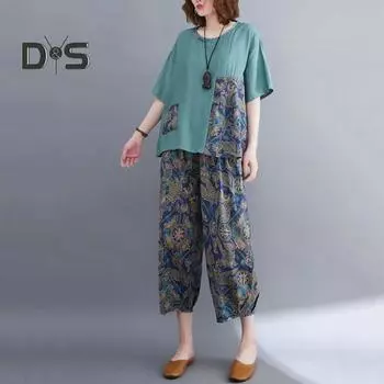 2 шт./компл., женская футболка, брюки, комплект с круглым вырезом, короткими рукавами, лоскутный топ с принтом, эластичная талия, широкие брюки, брюки больших размеров, повседневная повседневная одежда, наряд XL кофейный