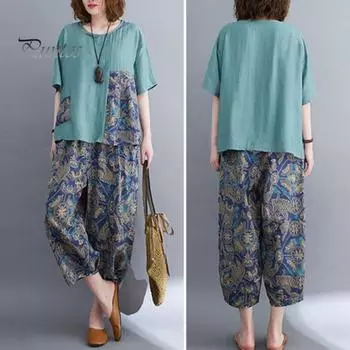 2 шт./компл., женская футболка, брюки, комплект с круглым вырезом, короткими рукавами, лоскутный топ с принтом, эластичная талия, широкие брюки, брюки больших размеров, повседневная повседневная одежда, наряд L кофейный