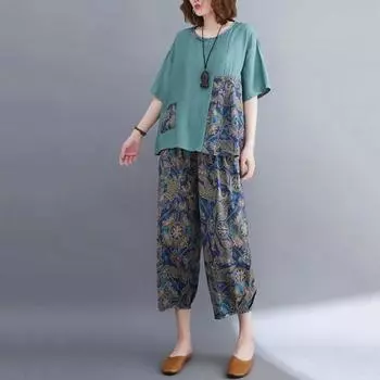 2 шт./компл., женская футболка, брюки, комплект с круглым вырезом, короткими рукавами, лоскутный топ с принтом, эластичная талия, широкие брюки, брюки больших размеров, повседневная повседневная одежда, наряд XL кофейный