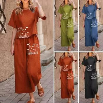 2 шт./компл., женская футболка, брюки, комплект с принтом одуванчика, эластичная резинка на талии, с короткими рукавами, круглым вырезом, широкие штаны, повседневная одежда, глубокая одежда M темно-синий