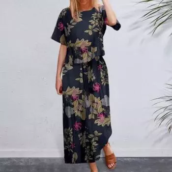 2 шт./компл. женская футболка, брюки, костюм с круглым вырезом и коротким рукавом, свободный топ с принтом, высокий S чёрный