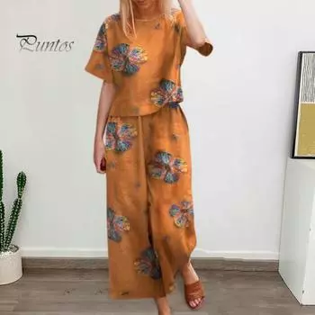 2 шт./компл. Женская футболка Брюки Костюм с круглым вырезом с коротким рукавом и принтом Свободный топ с высокой эластичной талией Широкие брюки Девятые брюки Повседневная повседневная одежда Набор из топа и брюк S чёрный