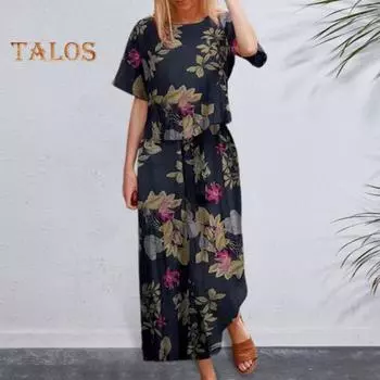 2 шт./компл. Женская футболка Брюки Костюм с круглым вырезом с коротким рукавом и принтом Свободный топ с высокой эластичной талией Широкие брюки Девятые брюки Повседневная повседневная одежда Набор из топа и брюк S хаки