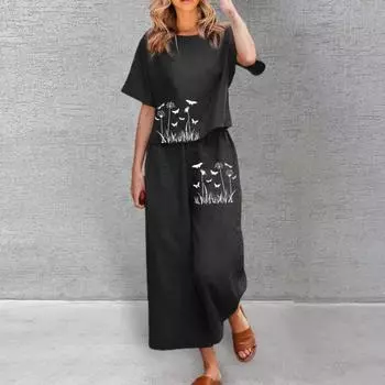 2 шт./компл. женская футболка и брюки комплект с принтом одуванчика эластичная резинка на талии с короткими рукавами и круглым вырезом с широкими штанинами повседневная одежда с глубокой промежностью повседневный мягкий женский спортивный костюм M темно-с