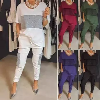 2 шт./компл. женская футболка и брюки комплект домашней одежды наряд с блестками однотонный топ с v-образным вырезом и короткими рукавами 2XL зелёный