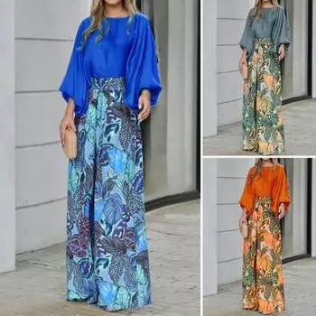 2 шт./компл. женская футболка и брюки комплект с цветочным принтом свободные длинные рукава-фонарики круглый вырез с высокой талией термобелье XL синий