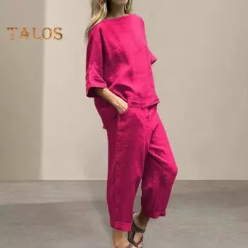 2 шт./компл. Женская футболка и брюки, комплект с рукавами три четверти и круглым вырезом, свободный верх, эластичная талия, боковые карманы, брюки, повседневная спортивная одежда больших размеров, повседневная одежда M розы красного