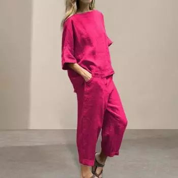 2 шт./компл. женская футболка и брюки, комплект с рукавами три четверти и круглым вырезом, свободный эластичный верх 4XL розы красного