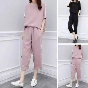 2 шт./компл. женская футболка и брюки комплект с короткими рукавами свободная эластичная резинка на талии спортивные укороченные брюки с карманами топ костюм женская одежда 4XL чёрный