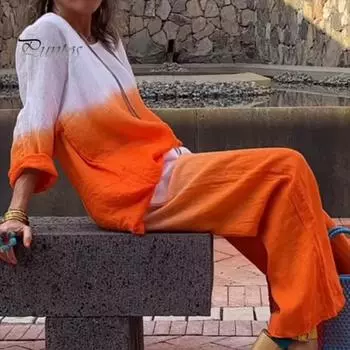 2 шт./компл. женская футболка и брюки комплект домашней одежды наряд градиентного контрастного цвета с круглым вырезом и длинными рукавами топ с широкими штанинами и эластичной резинкой на талии свободные брюки пижамы L небесно-голубой