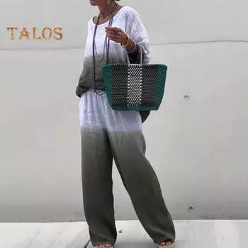 2 шт./компл. женская футболка и брюки комплект домашней одежды наряд градиентного контрастного цвета с круглым вырезом и длинными рукавами топ с широкими штанинами и эластичной резинкой на талии свободные брюки пижамы L небесно-голубой