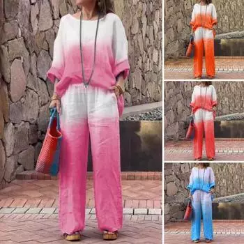 2 шт./компл. женская футболка и брюки, комплект домашней одежды, наряд с градиентом контрастного цвета, топ с круглым вырезом и длинными рукавами L небесно-голубой