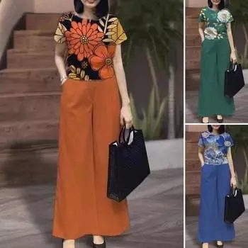 2 шт./компл. женская футболка и брюки, комплект с цветочным принтом, топ с коротким рукавом и круглым вырезом, большие размеры L синий