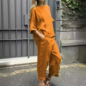 2 шт./компл. Женская футболка и брюки, комплект с рукавами три четверти и круглым вырезом, свободный верх, эластичная талия, боковые карманы, брюки, повседневная спортивная одежда больших размеров, повседневная одежда M розы красного