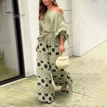 2 шт./компл. Женская футболка и брюки, комплект с наклонным вырезом на одно плечо, длинным рукавом и бантом, верх с манжетами, свободный топ с высокой талией, широкие брюки с принтом, длинные брюки, повседневные свидания M зелёный
