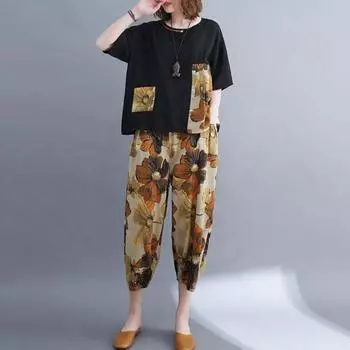 2 шт./компл. Женская футболка и брюки, комплект с круглым вырезом и короткими рукавами, топ с принтом в стиле пэчворк, эластичная талия, широкие штанины, плюс L кофейный