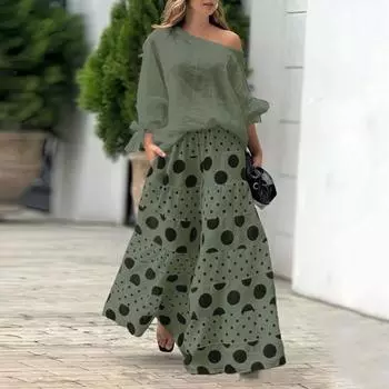 2 шт./компл. женская футболка и брюки, комплект с наклонным вырезом на одно плечо, длинный рукав с бантом и манжетами, свободный высокий топ XL абрикосовый