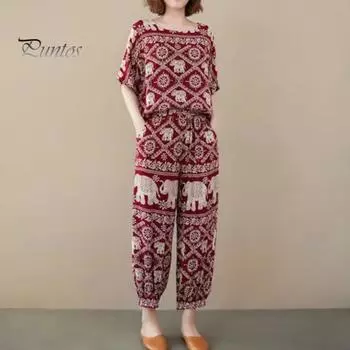 2 шт./компл. Женская футболка и брюки, комплект с круглым вырезом, коротким рукавом и принтом, свободный эластичный пояс, боковые карманы, длинные брюки, повседневная повседневная одежда, наряд L чёрный