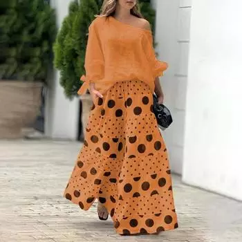 2 шт./компл. женская футболка и брюки комплект с воротником и одним рукавом, длинный топ с косой бантом на манжетах, свободный топ с высокой талией, широкий XXXL зелёный