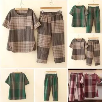 2 шт./компл. женская футболка и брюки комплект плюс размер домашней одежды наряд соответствующего цвета клетчатый принт круглый вырез с короткими рукавами топ широкие эластичные свободные брюки L красный