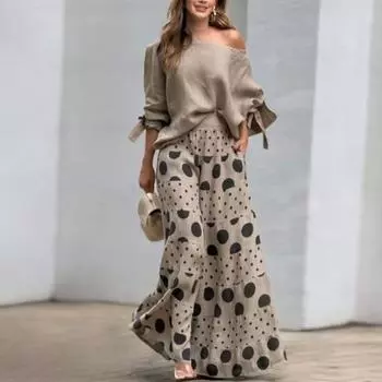 2 шт./компл. Женская футболка и брюки, комплект с наклонным вырезом на одно плечо, длинным рукавом и бантом, верх с манжетами, свободный топ с высокой талией, широкие брюки с принтом, длинные брюки, повседневные свидания S зелёный