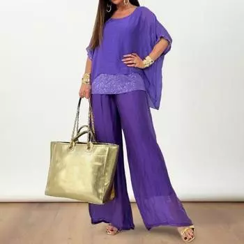 2 шт./компл. женская футболка и брюки комплект свободный круглый вырез с рукавами «летучая мышь» блестящий топ с пайетками M фиолетовый