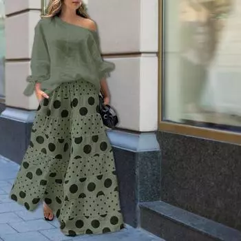 2 шт./компл. Женская футболка и брюки, комплект с наклонным вырезом на одно плечо, длинным рукавом и бантом, верх с манжетами, свободный топ с высокой талией и широкими штанинами, длинные брюки с принтом, повседневный наряд XXXL зелёный