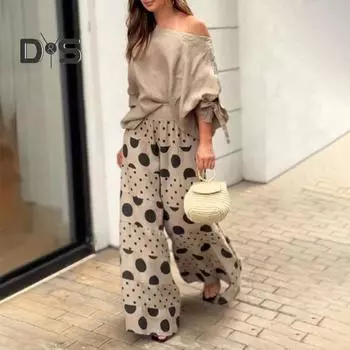 2 шт./компл. Женская футболка и брюки, комплект с наклонным вырезом на одно плечо, длинным рукавом и бантом, верх с манжетами, свободный топ с высокой талией, широкие брюки с принтом, длинные брюки, повседневные свидания XXXL абрикосовый