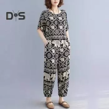 2 шт./компл. Женская футболка и брюки, комплект с круглым вырезом, коротким рукавом и принтом, свободный эластичный пояс, боковые карманы, длинные брюки, повседневная повседневная одежда, наряд L чёрный