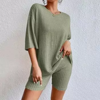 2 шт./компл. Женская футболка и шорты, комплект с круглым вырезом и половиной рукавов, свободный топ, облегающий крой XL зелёный