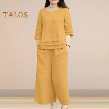 2 шт./компл., женская футболка, комплект брюк, рукав три четверти, V-образный вырез, усталый подол, свободный верх, эластичная талия, боковые карманы, брюки, повседневная спортивная одежда, повседневная одежда M