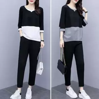 2 шт./компл., женская футболка, комплект брюк, спортивный костюм, цветной блок, круглый вырез, верхняя часть с половиной рукава, эластичная талия, длинные брюки, повседневный топ, брюки, спортивный костюм