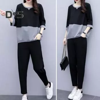 2 шт./компл., женская футболка, комплект брюк, спортивный наряд, цветной блок, круглый вырез, топ с половиной рукавом, эластичный пояс, длинные брюки, повседневный комплект брюк с верхом для поездок на работу M белый