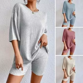 2 шт./компл., женская футболка, комплект с шортами, однотонный комплект с круглым вырезом, свободные рукава с половиной рукавов, высокая эластичная талия, мягкая дышащая домашняя одежда, спортивный топ, шорты, костюм L чёрный