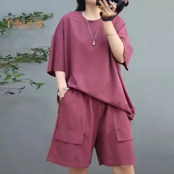 2 шт./компл., женская футболка, комплект с шортами, свободный подол с разрезом, эластичная резинка на талии, карманы с половиной рукавов, сплошной цвет, круглый вырез, глубокая промежность, женские повседневные повседневные топ-шорты XL чёрный