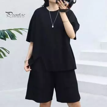 2 шт./компл., женская футболка, комплект с шортами, свободный подол с разрезом, эластичная резинка на талии, карманы с половиной рукавов, сплошной цвет, круглый вырез, глубокая промежность, женские повседневные повседневные топ-шорты XL чёрный