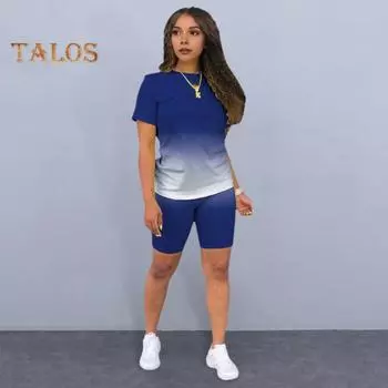 2 шт./компл., женская футболка, комплект с шортами, градиентный контрастный цвет, с круглым вырезом, с коротким рукавом, топ с эластичной резинкой на талии, облегающий комплект с короткими штанами, комплект спортивной одежды для женщин S красный