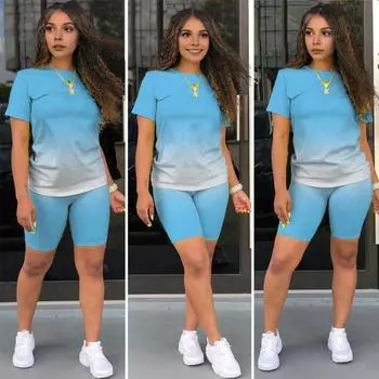 2 шт./компл., женская футболка, комплект с шортами, градиентный контрастный цвет, с круглым вырезом, с коротким рукавом, топ с эластичной резинкой на талии, комплект с короткими штанами, спортивная одежда, женский спортивный костюм S чёрный