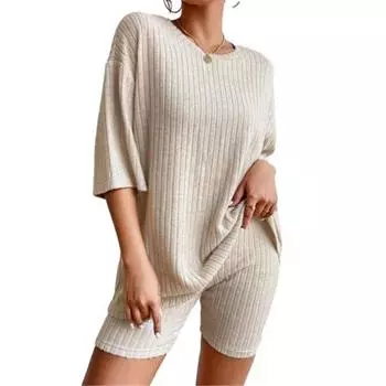 2 шт./компл., женская футболка, комплект с шортами, однотонный комплект с круглым вырезом, свободные рукава с половиной рукавов, высокая эластичная талия, мягкая дышащая домашняя одежда, спортивный топ, шорты, костюм L зелёный