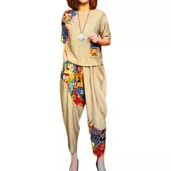 2 шт./компл. женская футболка, комплект штанов-шароваров с принтом, свободный верх с короткими рукавами, свободный эластичный верх XL чёрный