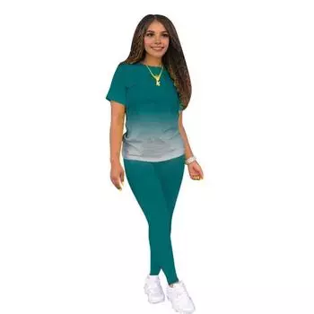 2 шт./компл., женская футболка, леггинсы, комплект с градиентом контрастного цвета, круглым вырезом, короткими рукавами, топ с эластичной резинкой на талии, узкие брюки, повседневная спортивная домашняя одежда, одежда S