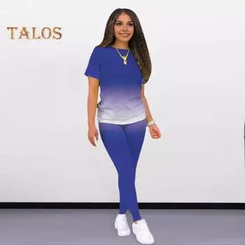 2 шт./компл., женская футболка, леггинсы, комплект с градиентом контрастного цвета, круглым вырезом, короткими рукавами, топ с эластичной резинкой на талии, узкие брюки, повседневная спортивная домашняя одежда, одежда S красный