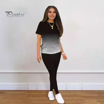 2 шт./компл., женская футболка, леггинсы, комплект с градиентом контрастного цвета, круглым вырезом, короткими рукавами, топ с эластичной резинкой на талии, узкие брюки, повседневная спортивная домашняя одежда, одежда S красный