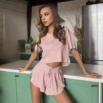 2 шт./компл., женская футболка с круглым вырезом и рукавами, однотонный короткий пижамный комплект, свободные шорты с эластичной резинкой на талии, спортивные шорты XL чёрный