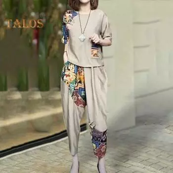 2 шт./компл., женская футболка, шаровары, комплект с принтом, свободные короткие рукава, свободный верх, эластичная талия, длинные брюки, большие размеры, повседневная спортивная повседневная одежда, верхние брюки XL чёрный