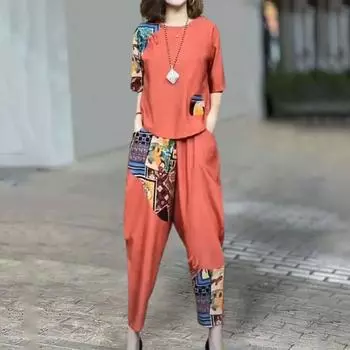 2 шт./компл., женская футболка, шаровары, комплект с принтом, свободные короткие рукава, свободный верх, эластичная талия, длинные брюки, большие размеры, повседневная спортивная повседневная одежда, верхние брюки XL чёрный