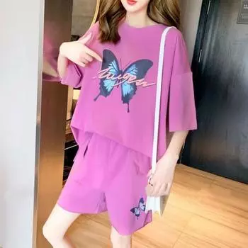 2 шт./компл., женская футболка, шорты, комплект с принтом бабочки, свободные половинные рукава, свободный верх, эластичная талия, мини-шорты, большие размеры, повседневная спортивная повседневная одежда M чёрный
