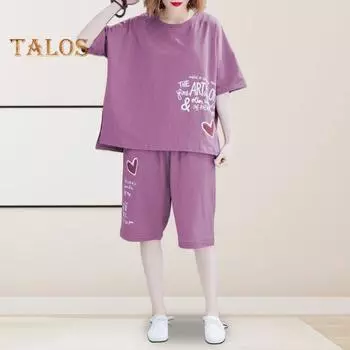 2 шт./компл., женская футболка, шорты, костюм с круглым вырезом, буквенным принтом, короткими рукавами, топ с эластичной резинкой на талии, свободные брюки длиной до колена, женский спортивный костюм, повседневная повседневная одежда 4XL пурпурно красный
