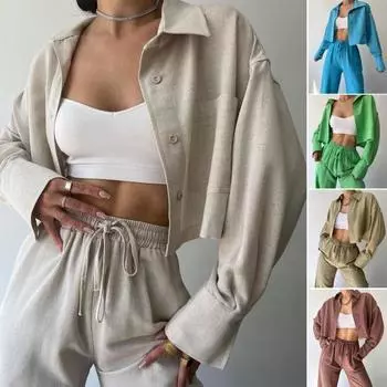 2 шт./компл. женская куртка брючный костюм с отложным воротником с длинным рукавом свободные короткие однобортные кардиганные пальто с эластичной резинкой на талии и высокой талией с широкой талией L абрикосовый